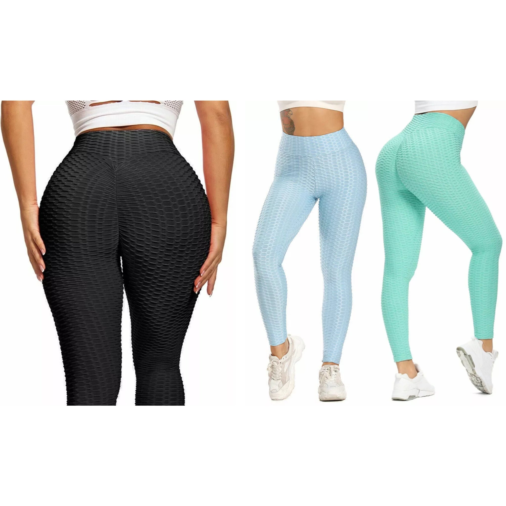 Women's textured TikTok leggings in black, light blue, and mint green – high-waisted scrunch bum leggings for gym, yoga, and casual wear